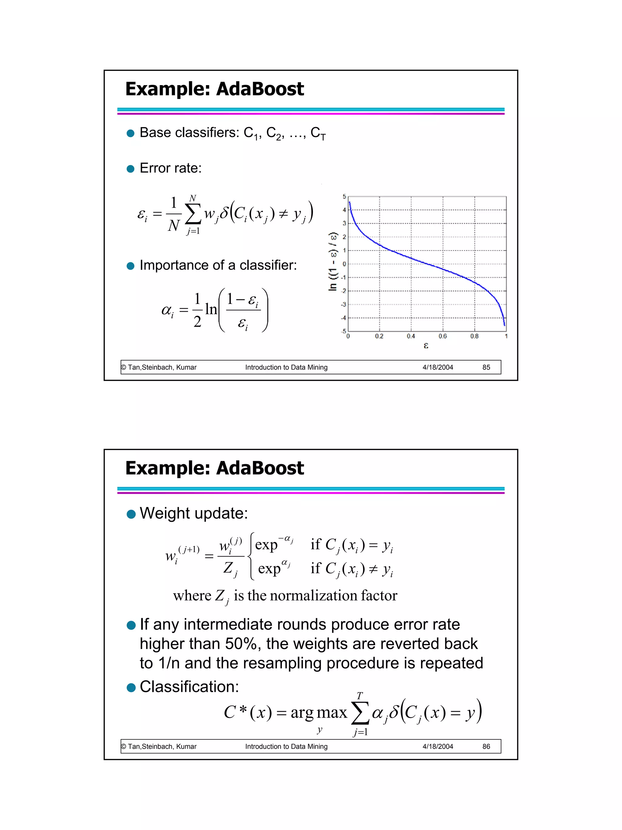 Example: AdaBoost

     Base classifiers: C1, C2, …, CT

     Error rate:


                  ∑ w δ (C ( x ) ≠ y )
                   N
         1
    εi =                    j         i     j           j
         N         j =1


     Importance of a classifier:

               1  1 − εi 
           αi = ln       
               2  εi 
                         

© Tan,Steinbach, Kumar                Introduction to Data Mining          4/18/2004   85




 Example: AdaBoost

     Weight update:

                ( j +1)
                          exp −α j if C j ( xi ) = yi
                           wi( j )
            wi            =
                              α
                           exp j if C j ( xi ) ≠ yi
                           Zj
             where Z j is the normalization factor
     If any intermediate rounds produce error rate
     higher than 50%, the weights are reverted back
     to 1/n and the resampling procedure is repeated
     Classification:
                                C * ( x ) = arg max ∑ α jδ (C j ( x ) = y )
                                   T


                                                             y      j =1
© Tan,Steinbach, Kumar                Introduction to Data Mining          4/18/2004   86
 
