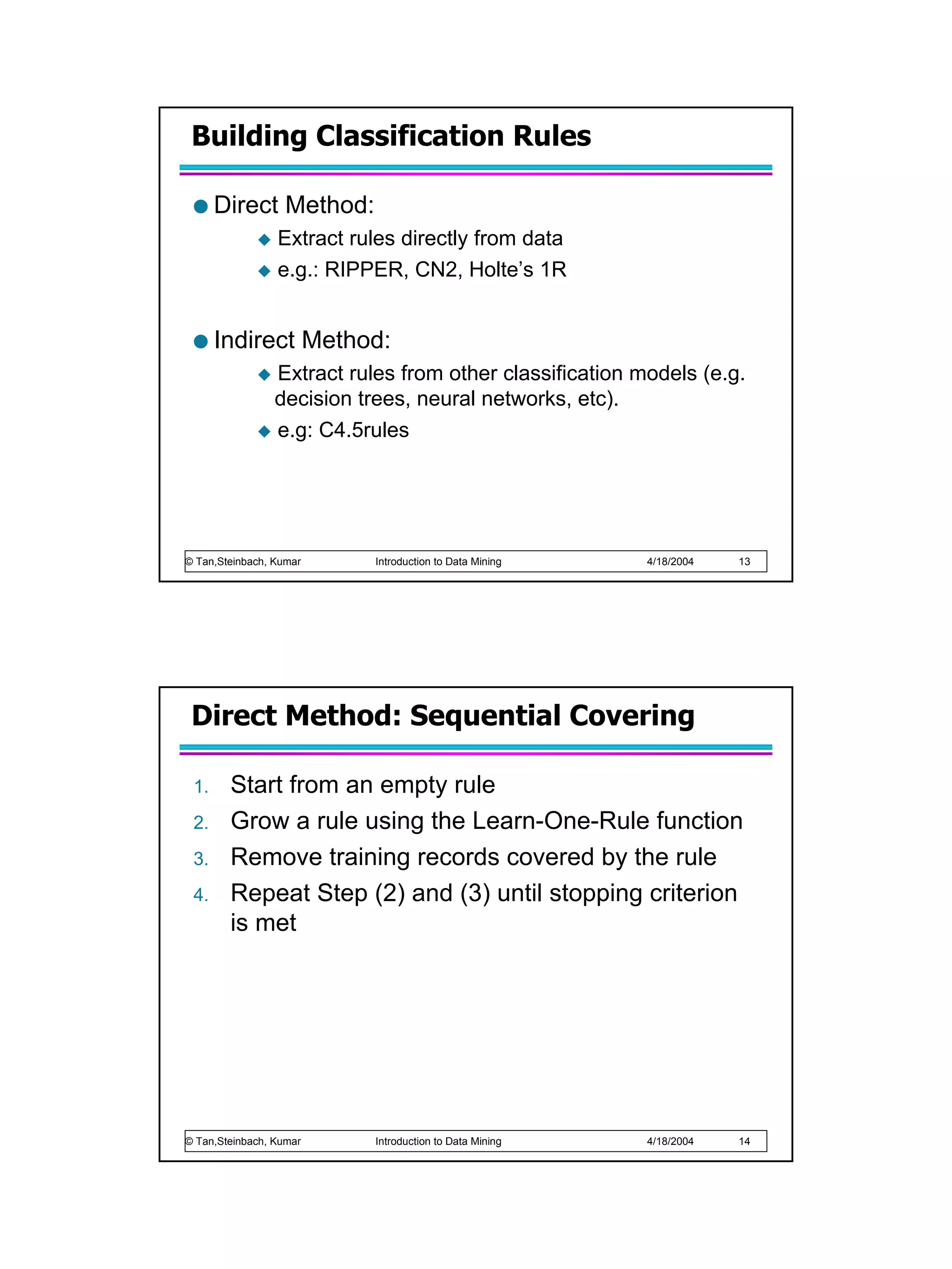 Building Classification Rules

      Direct Method:
                 Extract rules directly from data
                 e.g.: RIPPER, CN2, Holte’s 1R


      Indirect Method:
                 Extract rules from other classification models (e.g.
                 decision trees, neural networks, etc).
                 e.g: C4.5rules




© Tan,Steinbach, Kumar      Introduction to Data Mining   4/18/2004   13




 Direct Method: Sequential Covering

 1.     Start from an empty rule
 2.     Grow a rule using the Learn-One-Rule function
 3.     Remove training records covered by the rule
 4.     Repeat Step (2) and (3) until stopping criterion
        is met




© Tan,Steinbach, Kumar      Introduction to Data Mining   4/18/2004   14
 