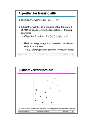Algorithm for learning ANN

     Initialize the weights (w0, w1, …, wk)

     Adjust the weights in such a way that the output
     of ANN is consistent with class labels of training
     examples
      – Objective function: E = ∑ [Yi − f ( wi , X i )]
                                                       2

                                                         i


       – Find the weights wi’s that minimize the above
         objective function
                 e.g., backpropagation algorithm (see lecture notes)

© Tan,Steinbach, Kumar     Introduction to Data Mining       4/18/2004   65




 Support Vector Machines




     Find a linear hyperplane (decision boundary) that will separate the data
© Tan,Steinbach, Kumar     Introduction to Data Mining       4/18/2004   66
 