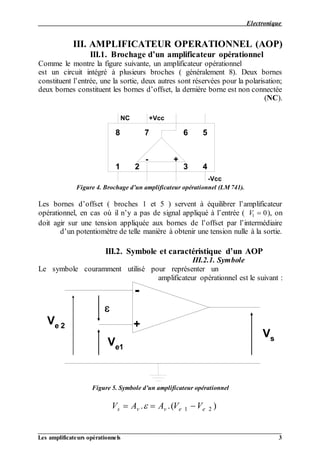 Electronique
__________________________________________________________________________________
Les amplificateurs opérationnels 3
III. AMPLIFICATEUR OPERATIONNEL (AOP)
III.1. Brochage d’un amplificateur opérationnel
Comme le montre la figure suivante, un amplificateur opérationnel
est un circuit intégré à plusieurs broches ( généralement 8). Deux bornes
constituent l’entrée, une la sortie, deux autres sont réservées pour la polarisation;
deux bornes constituent les bornes d’offset, la dernière borne est non connectée
(NC).
1 2 3 4
5678
- +
NC +Vcc
-Vcc
Figure 4. Brochage d’un amplificateur opérationnel (LM 741).
Les bornes d’offset ( broches 1 et 5 ) servent à équilibrer l’amplificateur
), onV1 0opérationnel, en cas où il n’y a pas de signal appliqué à l’entrée (
doit agir sur une tension appliquée aux bornes de l’offset par l’intermédiaire
d’un potentiomètre de telle manière à obtenir une tension nulle à la sortie.
III.2. Symbole et caractéristique d’un AOP
III.2.1. Symbole
Le symbole couramment utilisé pour représenter un
amplificateur opérationnel est le suivant :
-
+
Vs
Ve1

Ve 2
Figure 5. Symbole d’un amplificateur opérationnel
V A A V Vs v v e e  . .( ) 1 2
 