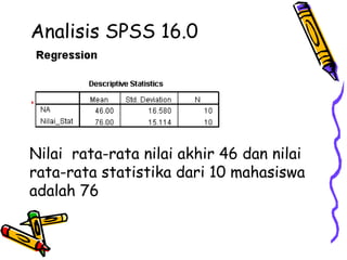 Analisis SPSS 16.0 Nilai  rata-rata nilai akhir 46 dan nilai rata-rata statistika dari 10 mahasiswa adalah 76 