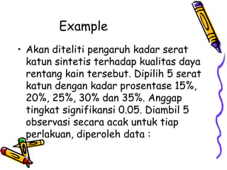 Example  Akan diteliti pengaruh kadar serat katun sintetis terhadap kualitas daya rentang kain tersebut. Dipilih 5 serat katun dengan kadar prosentase 15%, 20%, 25%, 30% dan 35%. Anggap tingkat signifikansi 0.05. Diambil 5 observasi secara acak untuk tiap perlakuan, diperoleh data : 