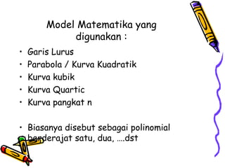 Model Matematika yang digunakan : Garis Lurus Parabola / Kurva Kuadratik Kurva kubik Kurva Quartic Kurva pangkat n Biasanya disebut sebagai polinomial berderajat satu, dua, ….dst  