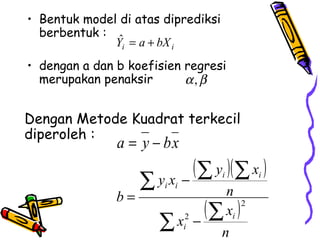 Bentuk model di atas diprediksi berbentuk : dengan a dan b koefisien regresi merupakan penaksir  Dengan Metode Kuadrat terkecil diperoleh : 