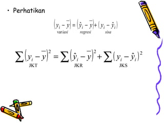 • Perhatikan

                       ( y − y ) = ( yˆ − y )+ ( y − yˆ )
                         i                i                i          i
                        var iasi         regresi               sisa




  ∑(y          )                   (
        − y = ∑ yi − y + ∑ ( yi − yi )             )
                   2                                   2                        2
       i
                ˆ                 ˆ
      JKT                              JKR                                JKS
 