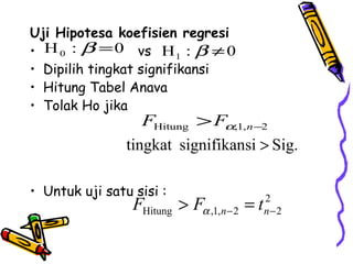 Uji Hipotesa koefisien regresi
• H 0 : β = 0 vs H 1 : β ≠ 0
• Dipilih tingkat signifikansi
• Hitung Tabel Anava
• Tolak Ho jika
                  FHitung > Fα,1, n −2
                tingkat signifikansi > Sig.

• Untuk uji satu sisi :
                 FHitung > Fα ,1,n − 2 = t   2
                                             n−2
 