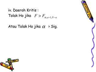 iv. Daerah Kritis :
Tolak Ho jika F > Fα ,a −1, N − a

Atau Tolak Ho jika    α    > Sig.
 