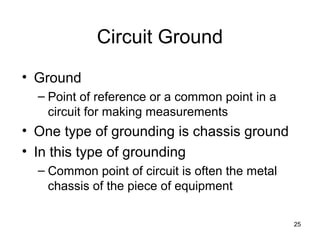 25
Circuit Ground
• Ground
– Point of reference or a common point in a
circuit for making measurements
• One type of grounding is chassis ground
• In this type of grounding
– Common point of circuit is often the metal
chassis of the piece of equipment
 