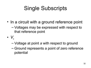 32
Single Subscripts
• In a circuit with a ground reference point
– Voltages may be expressed with respect to
that reference point
• Va
– Voltage at point a with respect to ground
– Ground represents a point of zero reference
potential
 