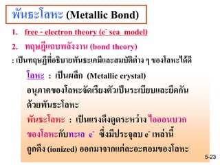 พันธะโลหะ (Metallic Bond)
1. free - electron theory (e- sea model)
2. ทฤษฎีแถบพลังงาน (bond theory)
: เป็นทฤษฏีที่อธิบายพันธะเคมีและสมบัติต่าง ๆ ของโลหะได้ดี
โลหะ : เป็นผลึก (Metallic crystal)
อนุภาคของโลหะจัดเรียงตัวเป็นระเบียบและยึดกัน
ด้วยพันธะโลหะ
พันธะโลหะ : เป็นแรงดึงดูดระหว่าง ไอออนบวก
ของโลหะกับทะเล e- ซึ่งมีประจุลบ e- เหล่านี้
ถูกดึง (ionized) ออกมาจากแต่ละอะตอมของโลหะ
5-23
 