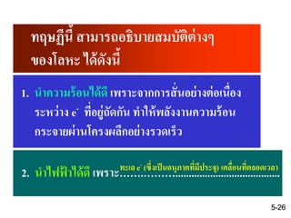 ทฤษฏีนี้ สามารถอธิบายสมบัติต่างๆ
ของโลหะ ได้ดังนี้
1. นาความร้อนได้ดี เพราะจากการสั่นอย่างต่อเนื่อง
ระหว่าง e- ที่อยู่ถัดกัน ทาให้พลังงานความร้อน
กระจายผ่านโครงผลึกอย่างรวดเร็ว
2. นาไฟฟ้ าได้ดี เพราะ…….……….......................................ทะเล e- (ซึ่งเป็นอนุภาคที่มีประจุ) เคลื่อนที่ตลอดเวลา
5-26
 