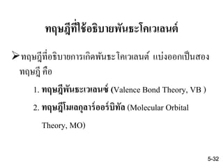 ทฤษฎีที่ใช้อธิบายพันธะโคเวเลนต์
ทฤษฎีที่อธิบายการเกิดพันธะโคเวเลนต์ แบ่งออกเป็นสอง
ทฤษฎี คือ
1. ทฤษฎีพันธะเวเลนซ์ (Valence Bond Theory, VB )
2. ทฤษฎีโมเลกุลาร์ออร์บิทัล (Molecular Orbital
Theory, MO)
5-32
 