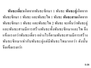 พันธะเดี่ยวเกิดจากพันธะซิกมา 1 พันธะ พันธะคู่เกิดจาก
พันธะซิกมา 1 พันธะ และพันธะไพ 1 พันธะ พันธะสามเกิดจาก
พันธะซิกมา 1 พันธะ และพันธะไพ 2 พันธะ จะเห็นว่าพันธะคู่
และพันธะสามมีการสร้างพันธะทั้งพันธะซิกมาและไพ จึง
แข็งแรงกว่าพันธะเดี่ยว อย่างไรก็ตามพันธะสามมีการสร้าง
พันธะซิกมาเท่ากับพันธะคู่แต่มีพันธะไพมากกว่า ดังนั้น
จึงแข็งแรงกว่า
5-36
 