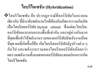 ไฮบริไดเซชัน (Hybridization)
ไฮบริไดเซซัน คือ ปรากฎการณ์ที่ออร์บิทัลในอะตอม
เดียวกัน ที่มีระดับพลังงานใกล้เคียงกันเกิดการรวมกันเกิด
เป็นไฮบริดออร์บิทัล (hybrid orbital) ซึ่งแต่ละไฮบริด-
ออร์บิทัลจะครอบครองพื้นที่เท่ากัน และอยู่ห่างกันมาก
ที่สุดเพื่อทาให้พลังงานรวมของออร์บิทัลมีพลังงานน้อย
ที่สุด ผลที่เกิดขึ้นก็คือ เกิดไฮบริดออร์บิทัลมีรูปร่างต่าง ๆ
กันไป และพลังงานรวมของไฮบริดออร์บิทัลน้อยกว่า
ผลรวมพลังงานทั้งหมดของออร์บิทัลอะตอมก่อนการเกิด
ไฮบริไดเซซัน
5-39
 