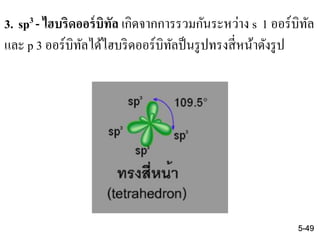 3. sp3 - ไฮบริดออร์บิทัล เกิดจากการรวมกันระหว่าง s 1 ออร์บิทัล
และ p 3 ออร์บิทัลได้ไฮบริดออร์บิทัลป็นรูปทรงสี่หน้าดังรูป
5-49
 