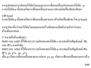 จากรูปแสดงการเกิดออร์บิทัลโมเลกุลจากการซ้อนเหลื่อมกันของออร์บิทัล - p
ก.ออร์บิทัล-p ทั้งสองเกิดการซ้อนเหลื่อมตามแนวปลายเกิดเป็นพันธะซิกมา
( σ-bond)
ข.ออร์บิทัล-p ทั้งสองเกิดการซ้อนเหลื่อมตามแนวข้างเกิดเป็นพันธะไพ (p-bond)
จากรูปจะเห็นว่าออร์บิทัลโมเลกุลแบบสร้างพันธะจะมีพลังงานต่ากว่าแบบ
ต้านพันธะเสมอ
(* หมายถึงต้านพันธะ)
BMO และ AMO ที่ได้จากการรวมกันของออร์บิทัล-s จะแทนด้วยสัญลักษณ์ σs
และ σ*s ตามลาดับ
BMO และ AMO ที่ได้จากการรวมกันของออร์บิทัล-p จะแทนด้วยสัญลักษณ์ σz,
σ*z, px, p*x , py , p*y
เมื่อ pz เกิดการซ้อนเหลื่อมตามแนวปลาย px, py เกิดการซ้อนเหลื่อมตามแนวข้าง
5-60
 