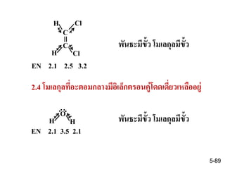 C
C
H
H
Cl
Cl
EN 2.1 2.5 3.2
พันธะมีขั้ว โมเลกุลมีขั้ว
2.4 โมเลกุลที่อะตอมกลางมีอิเล็กตรอนคู่โดดเดี่ยวเหลืออยู่
O
H H
EN 2.1 3.5 2.1
พันธะมีขั้ว โมเลกุลมีขั้ว
5-89
 