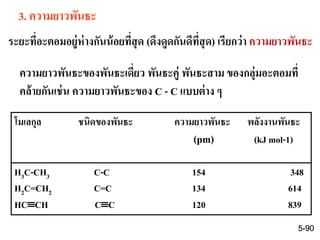 3. ความยาวพันธะ
ระยะที่อะตอมอยู่ห่างกันน้อยที่สุด (ดึงดูดกันดีที่สุด) เรียกว่า ความยาวพันธะ
ความยาวพันธะของพันธะเดี่ยว พันธะคู่ พันธะสาม ของกลุ่มอะตอมที่
คล้ายกันเช่น ความยาวพันธะของ C - C แบบต่าง ๆ
โมเลกุล ชนิดของพันธะ ความยาวพันธะ พลังงานพันธะ
(pm) (kJ mol-1)
H3C-CH3 C-C 154 348
H2C=CH2 C=C 134 614
HCCH CC 120 839
5-90
 