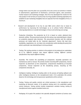energy meters once the pilot runs successfully. B Co also carries out activities in relation 
            to  advertisement,  appointment  of  distributors,  commission  agents,  sales  promotion, 
            market research and marketing strategies. Also B Co has developed the market for the 
            new product in the territory of country B by incurring sizeable marketing expenditure to 
            establish its own marketing intangibles that are separate from the intangibles of A Co. in 
            Country A. 
 

             Research  and  development:  B  Co  has  its  own  R&D  centre  which  tries  to  boost  its 
               performance  by  improving  the  technologies  so  as  to  achieve  further  efficiencies, 
               reducing dependence on outside technologies in future and achieving cost savings. 
 

           Production  Scheduling:  The  production  by  B  Co  is  based  on  orders  obtained  from 
            domestic utilities. The procurement process for the various raw materials/inputs is based 
            on  prudently  prepared  sales  forecasts.  The  procurement  function  and  the  ordering 
            processes  are  looked  after  by  the  ‘materials  department’.  Factors  like  lead  time, 
            availability, negotiations, etc. are taken into consideration while deciding the party from 
            which a particular raw material/input is to be purchased. 
 

           Tooling: The tooling activities in relation to the products to be produced are undertaken 
            by  B  Co.  Different  products  may  require  different  tooling.  Different  contract 
            specifications may require different tooling. 
 

           Assembly:  This  involves  the  assembling  of  components.  Assembly  operations  are 
            mechanical as well as manual. The activity involves mounting SMT components, manual 
            inspection  of  placements  of  the  components,  computerised  shouldering  of  mounted 
            components,  manual  inspection  of  the  shouldering  process,  mounting  of  PTA 
            components manually, etc. 
 

           Intelligence  loading:  Intelligence  loading  refers  to  the  process  of  loading  software  and 
            other  intelligence  features  on  the  manufactured  meter.  B  Co  undertakes  this  activity 
            based on the technology and microprocessor specification of the contract. 
 

           Testing:  Testing  and  quality  controls  are  critical  processes  in  the  manufacture  and 
            marketing  of  electronic  meters.  B  Co  performs  testing  and  A  Co  undertakes  quality 
            control  measures.  Testing  activity  involves  temperature  variation  testing,  testing  of 
            manufactured meters against standard meters etc. 
 

           Packaging:  B  Co  packs  the  products  into  specially  designed  containers  of  various  sizes 

                                                   13 
 
 
