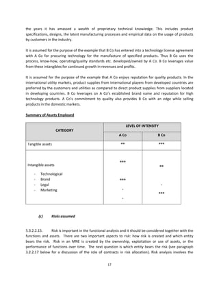 the  years  it  has  amassed  a  wealth  of  proprietary  technical  knowledge.  This  includes  product 
specifications, designs, the latest manufacturing processes and empirical data on the usage of products 
by customers in the industry. 
 
It is assumed for the purpose of the example that B Co has entered into a technology license agreement 
with  A  Co  for  procuring  technology  for  the  manufacture  of  specified  products.  Thus  B  Co  uses  the 
process,  know‐how,  operating/quality  standards  etc.  developed/owned  by  A  Co.  B  Co  leverages  value 
from these intangibles for continued growth in revenues and profits. 
 
It  is  assumed  for  the  purpose  of  the  example  that  A  Co  enjoys  reputation  for  quality  products.  In  the 
international utility markets, product supplies from international players from developed countries are 
preferred by the customers and utilities as compared to direct product supplies from suppliers located 
in  developing  countries.  B  Co  leverages  on  A  Co’s  established  brand  name  and  reputation  for  high 
technology  products.  A  Co’s  commitment  to  quality  also  provides  B  Co  with  an  edge  while  selling 
products in the domestic markets. 
 
Summary of Assets Employed 
 
                                                                       LEVEL OF INTENSITY 
                       CATEGORY 
                                                                   A Co                      B Co 

    Tangible assets                                                 ®®                         ®®® 

                                                                      
                                                                                                  
                                                                   ®®® 
    Intangible assets                                                                           ®® 
                                                                      
        ‐    Technological                                                                        
        ‐    Brand                                                 ®®® 
        ‐    Legal                                                                               ‐ 
        ‐    Marketing                                               ‐ 
                                                                                               ®®® 
                                                                     ‐ 

 

            (c)    Risks assumed 
 

5.3.2.2.15.        Risk is important in the functional analysis and it should be considered together with the 
functions  and  assets.    There  are  two  important  aspects  to  risk:  how  risk  is  created  and  which  entity 
bears  the  risk.    Risk  in  an  MNE  is  created  by  the  ownership,  exploitation  or  use  of  assets,  or  the 
performance  of  functions  over  time.    The  next  question  is  which  entity  bears  the  risk  (see  paragraph 
3.2.2.17  below  for  a  discussion  of  the  role  of  contracts  in  risk  allocation).  Risk  analysis  involves  the 


                                                          17 
 
 