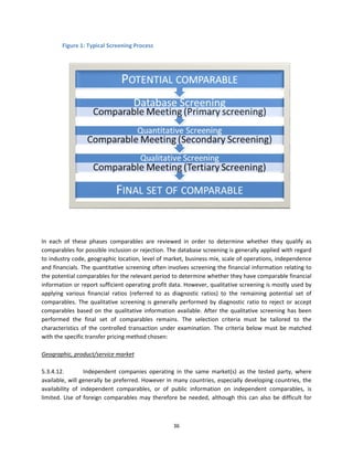 Figure 1: Typical Screening Process 




                                                                                                               

 

In  each  of  these  phases  comparables  are  reviewed  in  order  to  determine  whether  they  qualify  as 
comparables for possible inclusion or rejection. The database screening is generally applied with regard 
to industry code, geographic location, level of market, business mix, scale of operations, independence 
and financials. The quantitative screening often involves screening the financial information relating to 
the potential comparables for the relevant period to determine whether they have comparable financial 
information or report sufficient operating profit data. However, qualitative screening is mostly used by 
applying  various  financial  ratios  (referred  to  as  diagnostic  ratios)  to  the  remaining  potential  set  of 
comparables.  The  qualitative  screening  is  generally  performed  by  diagnostic  ratio  to  reject  or  accept 
comparables  based  on  the  qualitative  information  available.  After  the  qualitative  screening  has  been 
performed  the  final  set  of  comparables  remains.  The  selection  criteria  must  be  tailored  to  the 
characteristics  of  the  controlled  transaction  under  examination.  The  criteria  below  must  be  matched 
with the specific transfer pricing method chosen: 
          
Geographic, product/service market 
 
5.3.4.12.          Independent  companies  operating  in  the  same  market(s)  as  the  tested  party,  where 
available, will generally be preferred. However in many countries, especially developing countries, the 
availability  of  independent  comparables,  or  of  public  information  on  independent  comparables,  is 
limited.  Use  of  foreign  comparables  may  therefore  be  needed,  although  this  can  also  be  difficult  for 



                                                        36 
 
 