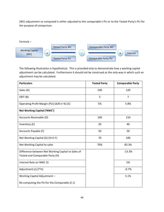 (WC) adjustment so computed is either adjusted to the comparable’s PLI or to the Tested Party’s PLI for 
the purpose of comparison.  
 
 
 
Formula –  
                           Tested Party WC              Comparable Party WC
  Working Capital 
      (WC)           =                           ‐                               x     Interest
                            Tested Party PLI            Comparable Party PLI
 

The following Illustration is hypothetical.  This is provided only to demonstrate how a working capital 
adjustment can be calculated.  Furthermore it should not be construed as the only way in which such an 
adjustment may be calculated. 

Particulars                                                 Tested Party         Comparable Party 

Sales (A)                                                        100                    120 

EBIT (B)                                                          5                      7 

Operating Profit Margin (PLI) (A/B in %) (C)                     5%                     5.8% 

Net Working Capital (‘NWC’)                                                                

Accounts Receivable (D)                                          100                    110 

Inventory (E)                                                    20                      40 

Accounts Payable (F)                                             50                      50 

Net Working Capital (G) (D+E‐F)                                  70                     100 

Net Working Capital to sales                                    70%                    83.3% 

Difference between Net Working Capital to Sales of                                     ‐13.3% 
Tested and Comparable Party (H) 

Interest Rate on NWC (I)                                                                5% 

Adjustment (J) (I*H)                                                                   ‐0.7% 

Working Capital Adjustment –                                                            5.1% 

Re‐computing the PLI for the Comparable (C‐J) 

 

                                                  49 
 
 