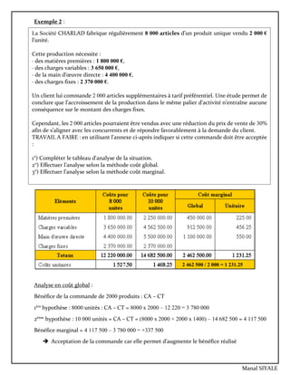 Exemple 2 :
Analyse en coût global :
Bénéfice de la commande de 2000 produits : CA – CT
1ère
hypothèse : 8000 unités : CA – CT = 8000 x 2000 – 12 220 = 3 780 000
2éme
hypothèse : 10 000 unités = CA – CT = (8000 x 2000 + 2000 x 1400) – 14 682 500 = 4 117 500
Bénéfice marginal = 4 117 500 – 3 780 000 = +337 500
 Acceptation de la commande car elle permet d’augmente le bénéfice réalisé
La Société CHARLAD fabrique régulièrement 8 000 articles d’un produit unique vendu 2 000 €
l’unité.
Cette production nécessite :
· des matières premières : 1 800 000 €,
· des charges variables : 3 650 000 €,
· de la main d’œuvre directe : 4 400 000 €,
· des charges fixes : 2 370 000 €.
Un client lui commande 2 000 articles supplémentaires à tarif préférentiel. Une étude permet de
conclure que l’accroissement de la production dans le même palier d’activité n’entraîne aucune
conséquence sur le montant des charges fixes.
Cependant, les 2 000 articles pourraient être vendus avec une réduction du prix de vente de 30%
afin de s’aligner avec les concurrents et de répondre favorablement à la demande du client.
TRAVAIL A FAIRE : en utilisant l'annexe ci-après indiquer si cette commande doit être acceptée
:
1°) Compléter le tableau d'analyse de la situation.
2°) Effectuer l’analyse selon la méthode coût global.
3°) Effectuer l’analyse selon la méthode coût marginal.
2 462 500 / 2 000 = 1 231.25
Manal SIYALE
 