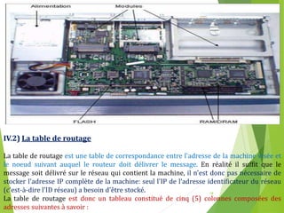 18
IV.2) La table de routage
La table de routage est une table de correspondance entre l'adresse de la machine visée et
le noeud suivant auquel le routeur doit délivrer le message. En réalité il suffit que le
message soit délivré sur le réseau qui contient la machine, il n'est donc pas nécessaire de
stocker l'adresse IP complète de la machine: seul l'IP de l’adresse identificateur du réseau
(c'est-à-dire l'ID réseau) a besoin d'être stocké.
La table de routage est donc un tableau constitué de cinq (5) colonnes composées des
adresses suivantes à savoir :
 