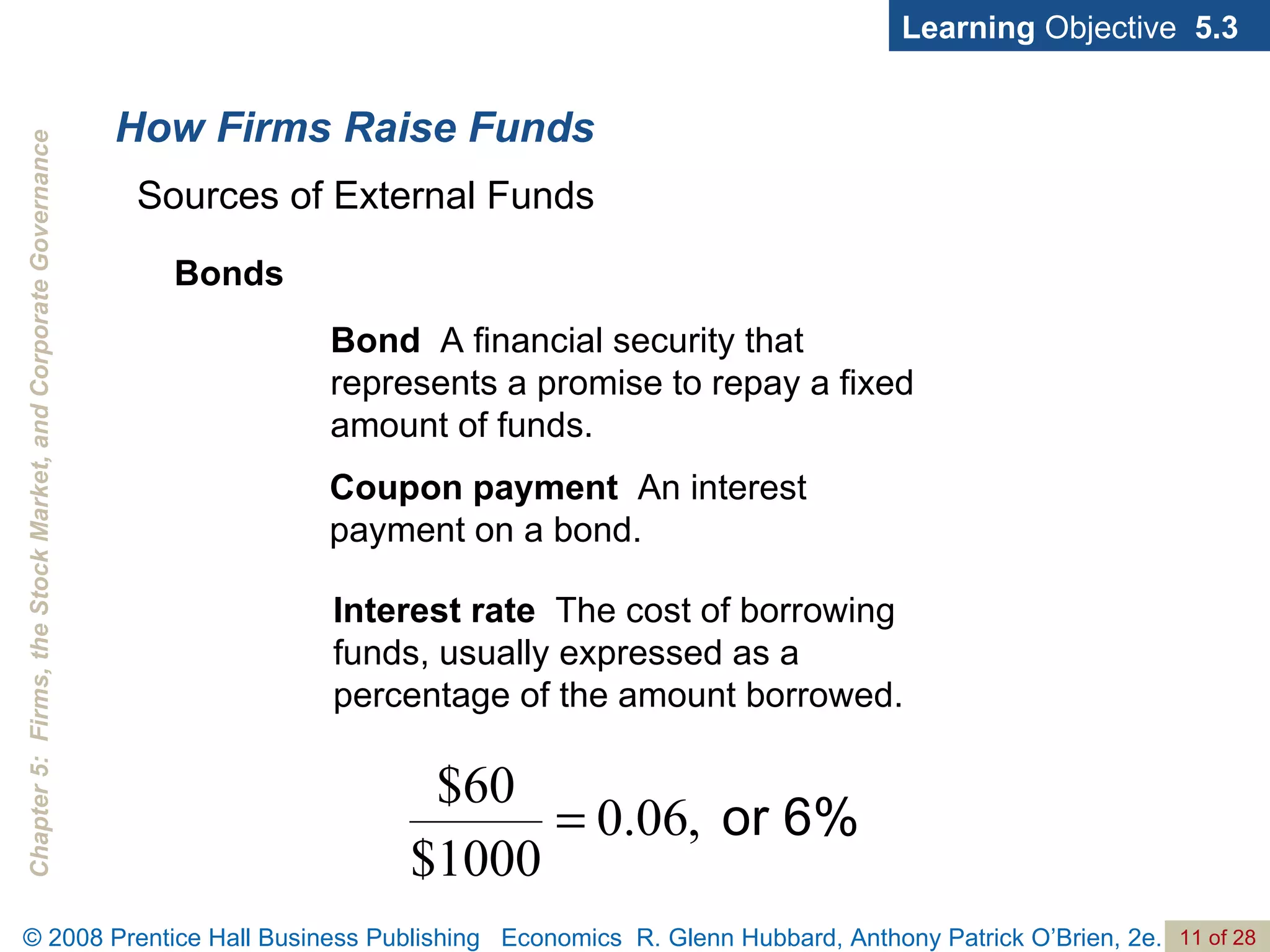How Firms Raise Funds Learning  Objective  5.3 Sources of External Funds Bond  A financial security that represents a promise to repay a fixed amount of funds. Bonds Coupon payment   An interest payment on a bond. Interest rate   The cost of borrowing funds, usually expressed as a percentage of the amount borrowed.  