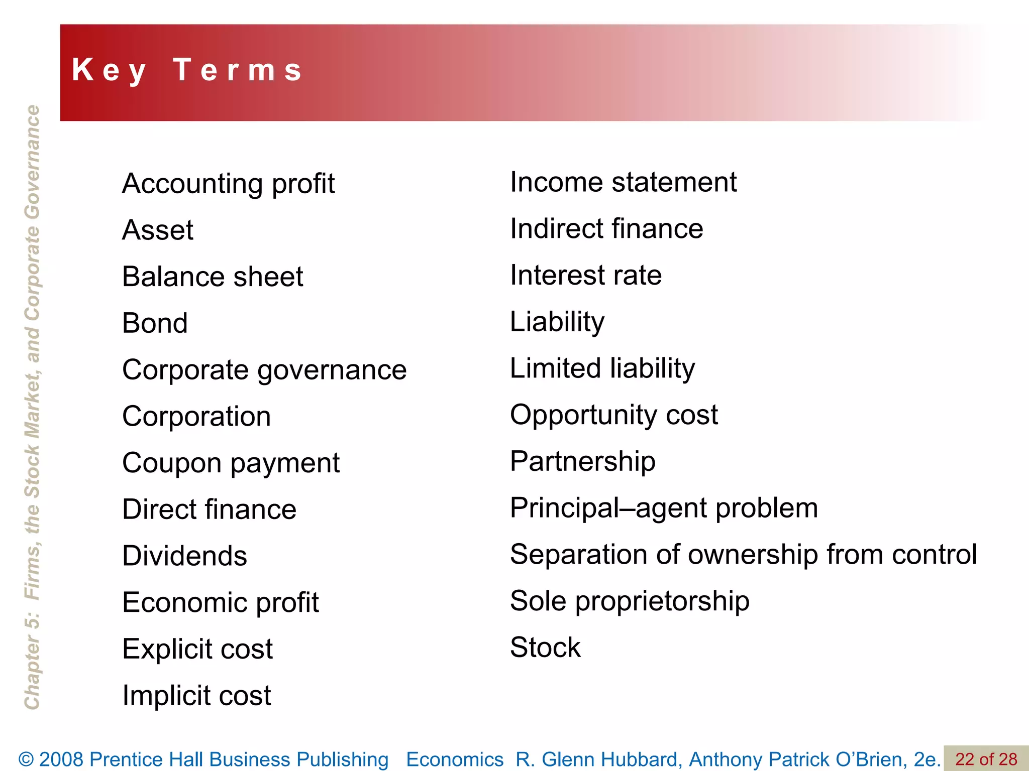 Accounting profit Asset Balance sheet Bond Corporate governance Corporation Coupon payment Direct finance Dividends Economic profit Explicit cost Implicit cost Income statement Indirect finance Interest rate Liability Limited liability Opportunity cost Partnership Principal–agent problem Separation of ownership from control Sole proprietorship Stock K e y  T e r m s 