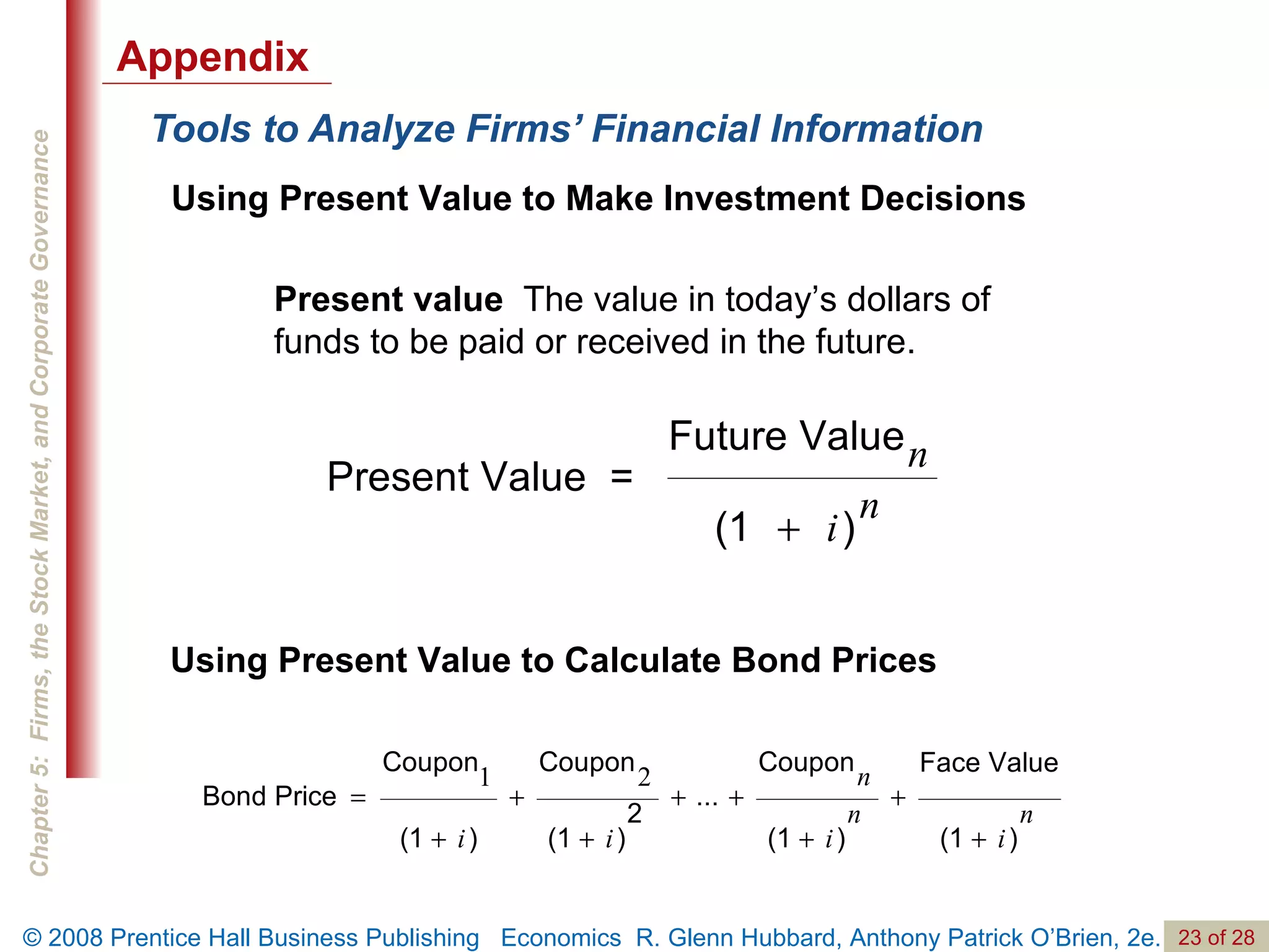 Tools to Analyze Firms’ Financial Information Using Present Value to Make Investment Decisions Present value  The value in today’s dollars of funds to be paid or received in the future. Using Present Value to Calculate Bond Prices Appendix 