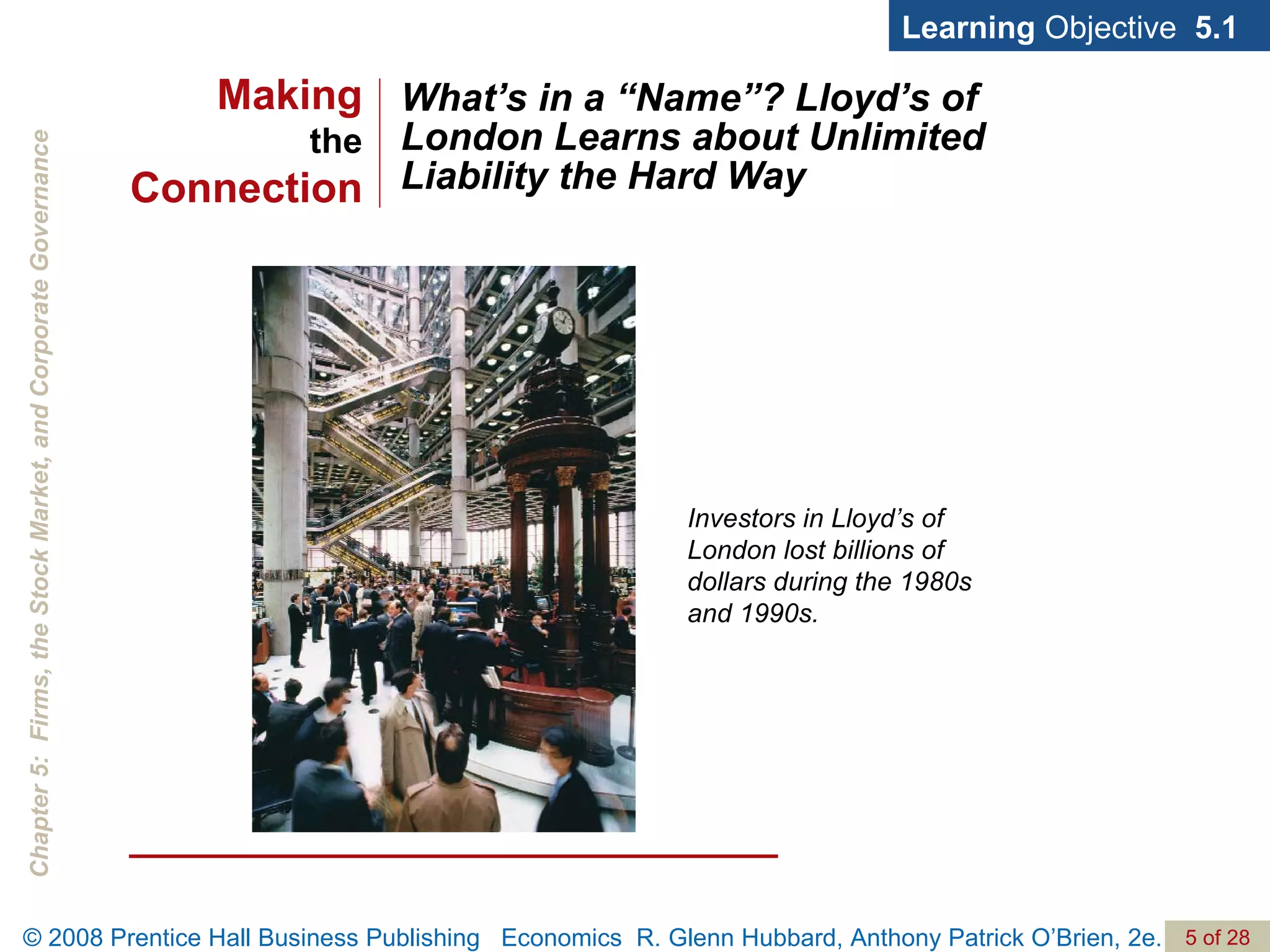 What’s in a “Name”? Lloyd’s of London Learns about Unlimited Liability the Hard Way Learning  Objective  5.1 Investors in Lloyd’s of London lost billions of dollars during the 1980s and 1990s. Making the Connection 
