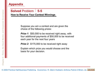 How to Receive Your Contest Winnings Suppose you win a contest and are given the choice of the following prizes:  Prize 1 :   $50,000 to be received right away, with four additional payments of $50,000 to be received each year for the next four years Prize 2 :   $175,000 to be received right away Explain which prize you would choose and the basis for your decision.  Solved  Problem 5-5 Appendix 