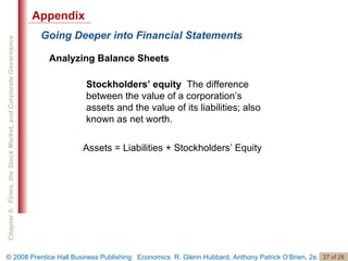 Going Deeper into Financial Statements Analyzing Balance Sheets Stockholders’ equity   The difference between the value of a corporation’s assets and the value of its liabilities; also known as net worth.  Assets = Liabilities + Stockholders’ Equity Appendix 