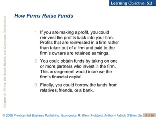 How Firms Raise Funds Learning  Objective  5.3 If you are making a profit, you could reinvest the profits back into your firm. Profits that are reinvested in a firm rather than taken out of a firm and paid to the firm’s owners are retained earnings. You could obtain funds by taking on one or more partners who invest in the firm.  This arrangement would increase the firm’s financial capital. Finally, you could borrow the funds from relatives, friends, or a bank. 