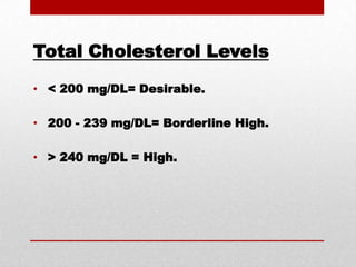 Total Cholesterol Levels < 200 mg/DL= Desirable. 200 - 239 mg/DL= Borderline High. > 240 mg/DL = High.