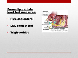 Serum lipoprotein level test measures: HDL cholesterol LDL cholesterol Triglycerides