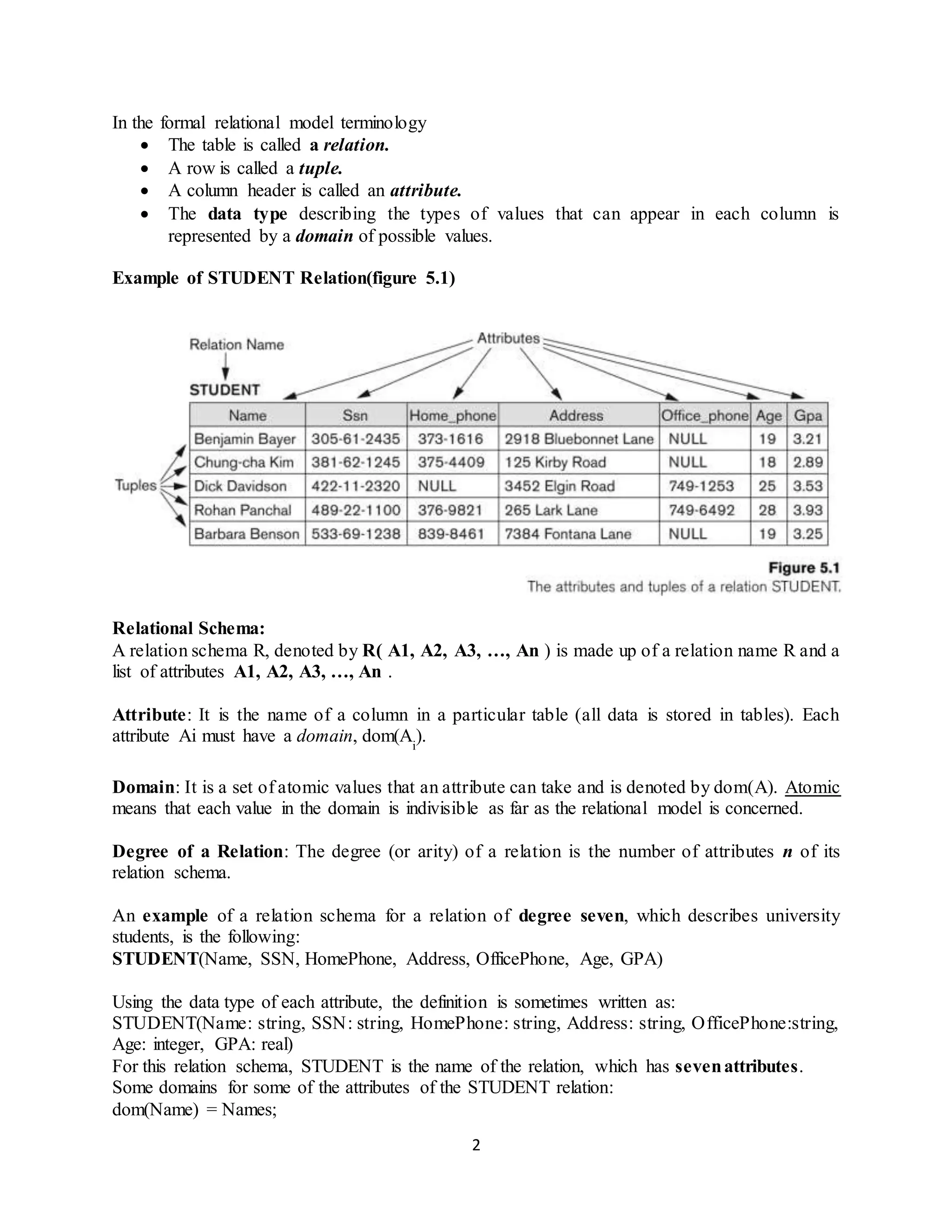 2 In the formal relational model terminology  The table is called a relation.  A row is called a tuple.  A column header is called an attribute.  The data type describing the types of values that can appear in each column is represented by a domain of possible values. Example of STUDENT Relation(figure 5.1) Relational Schema: A relation schema R, denoted by R( A1, A2, A3, …, An ) is made up of a relation name R and a list of attributes A1, A2, A3, …, An . Attribute: It is the name of a column in a particular table (all data is stored in tables). Each attribute Ai must have a domain, dom(Ai ). Domain: It is a set of atomic values that an attribute can take and is denoted by dom(A). Atomic means that each value in the domain is indivisible as far as the relational model is concerned. Degree of a Relation: The degree (or arity) of a relation is the number of attributes n of its relation schema. An example of a relation schema for a relation of degree seven, which describes university students, is the following: STUDENT(Name, SSN, HomePhone, Address, OfficePhone, Age, GPA) Using the data type of each attribute, the definition is sometimes written as: STUDENT(Name: string, SSN: string, HomePhone: string, Address: string, OfficePhone:string, Age: integer, GPA: real) For this relation schema, STUDENT is the name of the relation, which has sevenattributes. Some domains for some of the attributes of the STUDENT relation: dom(Name) = Names; 