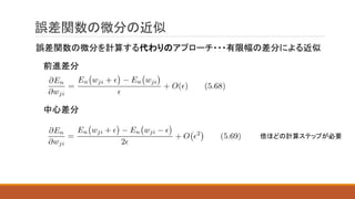 誤差関数の微分の近似
誤差関数の微分を計算する代わりのアプローチ・・・有限幅の差分による近似
中心差分
倍ほどの計算ステップが必要
前進差分
 
