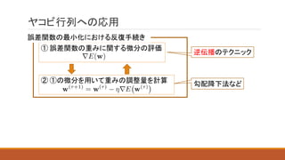 ヤコビ行列への応用
① 誤差関数の重みに関する微分の評価
② ①の微分を用いて重みの調整量を計算
逆伝播のテクニック
勾配降下法など
誤差関数の最小化における反復手続き
 