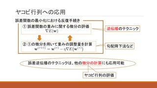 ヤコビ行列への応用
① 誤差関数の重みに関する微分の評価
② ①の微分を用いて重みの調整量を計算
逆伝播のテクニック
勾配降下法など
誤差関数の最小化における反復手続き
誤差逆伝播のテクニックは、他の微分の計算にも応用可能
ヤコビ行列の評価
 