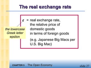 The real exchange rate

            ε = real exchange rate,
                the relative price of
the lowercase   domestic goods
 Greek letter   in terms of foreign goods
   epsilon
                 (e.g. Japanese Big Macs per
                 U.S. Big Mac)




    CHAPTER 5   The Open Economy               slide 27
 