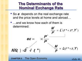 The Determinants of the
     Nominal Exchange Rate
 So e depends on the real exchange rate
 and the price levels at home and abroad…
 …and we know how each of them is
 determined:


                         P*
             eε =      ×
                         P



CHAPTER 5   The Open Economy                slide 46
 