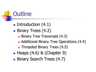 Outline
 Introduction (4.1)
 Binary Trees (4.2)
 Binary Tree Traversals (4.3)
 Additional Binary Tree Operations (4.4)...