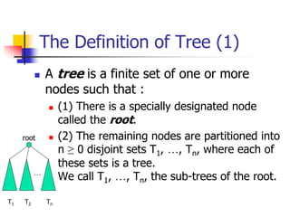 The Definition of Tree (1)
 A tree is a finite set of one or more
nodes such that :
 (1) There is a specially designated...
