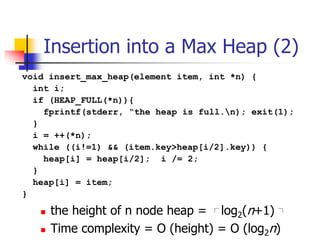 Insertion into a Max Heap (2)
 the height of n node heap = ┌ log2(n+1) ┐
 Time complexity = O (height) = O (log2n)
void ...
