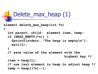 Delete_max_heap (1)
element delete_max_heap(int *n)
{
int parent, child; element item, temp;
if (HEAP_EMPTY(*n)) {
fprintf...