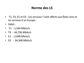 Norme des LS
• T1, T3, E1 et E3 - Les services T sont offerts aux États-Unis et
les services E en Europe .
• Débit :
• T1 : 1,544 Mbits/s
• T3 : 44,736 Mbits/s
• E1 : 2,048 Mbits/s
• E3 : 34,368 Mbits/s

 