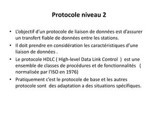 Protocole niveau 2
• L’objectif d’un protocole de liaison de données est d’assurer
un transfert fiable de données entre les stations.
• Il doit prendre en considération les caractéristiques d’une
liaison de données .
• Le protocole HDLC ( High-level Data Link Control ) est une
ensemble de classes de procédures et de fonctionnalités (
normalisée par l'ISO en 1976)
• Pratiquement c’est le protocole de base et les autres
protocole sont des adaptation a des situations spécifiques.

 