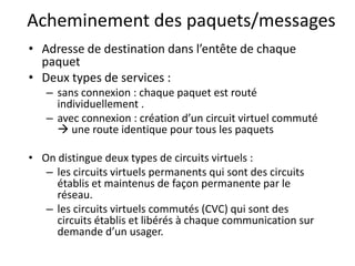 Acheminement des paquets/messages
• Adresse de destination dans l’entête de chaque
paquet
• Deux types de services :
– sans connexion : chaque paquet est routé
individuellement .
– avec connexion : création d’un circuit virtuel commuté
 une route identique pour tous les paquets
• On distingue deux types de circuits virtuels :
– les circuits virtuels permanents qui sont des circuits
établis et maintenus de façon permanente par le
réseau.
– les circuits virtuels commutés (CVC) qui sont des
circuits établis et libérés à chaque communication sur
demande d’un usager.

 
